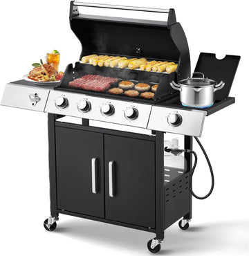 4-Burner Propane Gas Grill, 44,000 BTU BBQ Grill with Side Burner and Cast Iron Grates, Stainless Steel Outdoor Grill for Patio and Camping