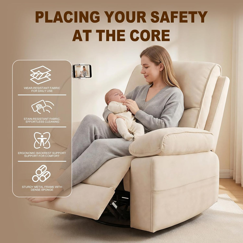 360° Swivel Glider Rocking Chair Nursery, Oversized Recliner with Phone Holder,Nursing Chairs for Breastfeeding with