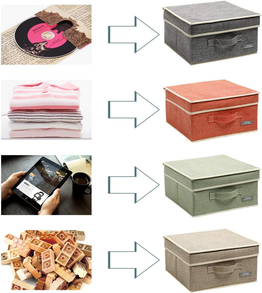 Fabric Storage Bins with Lids Small 4 Pack, Linen Foldable Storage Box with lids 4 Color Set 12.4in/12in/6.7in