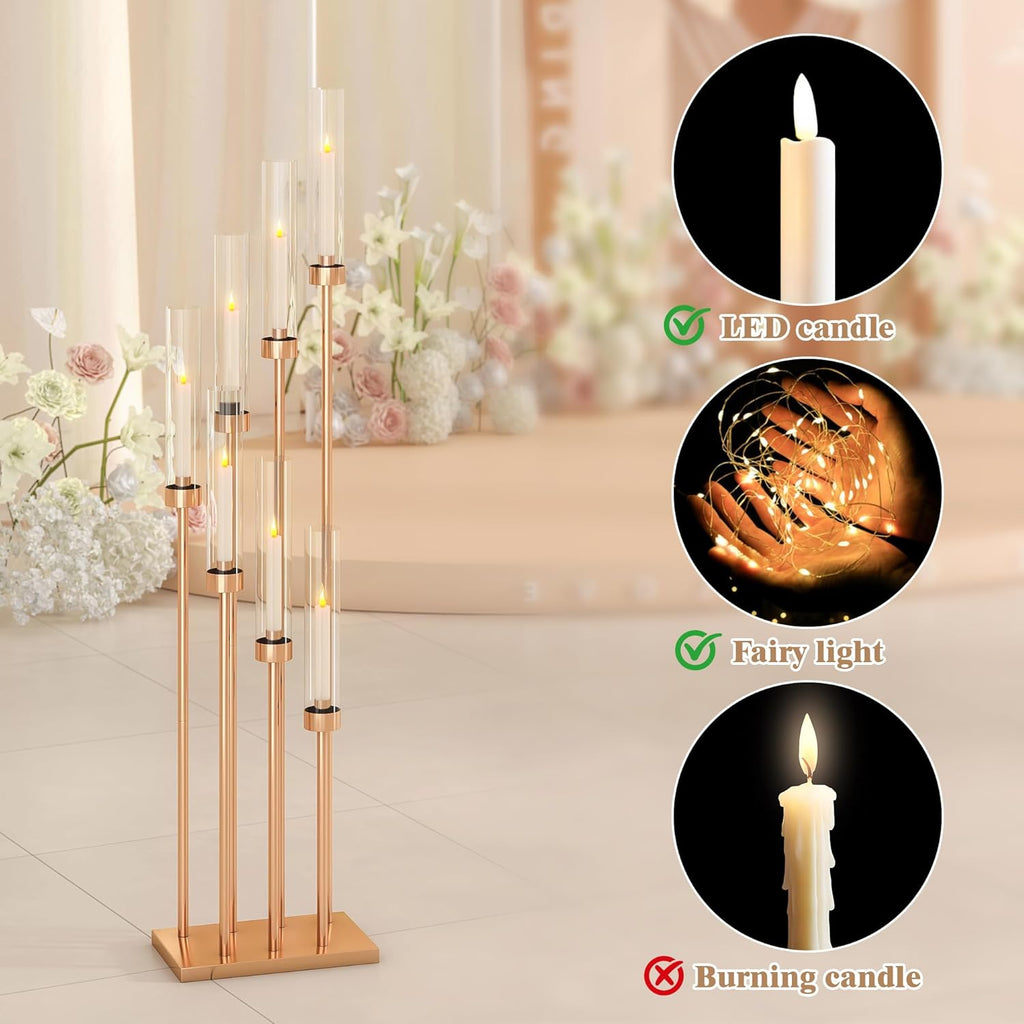 4 Pcs 46.5" Floor Candelabra 7 Arms - Gold Metal Candle Holder Stand with Acrylic Lampshades, Long Candle Sticks