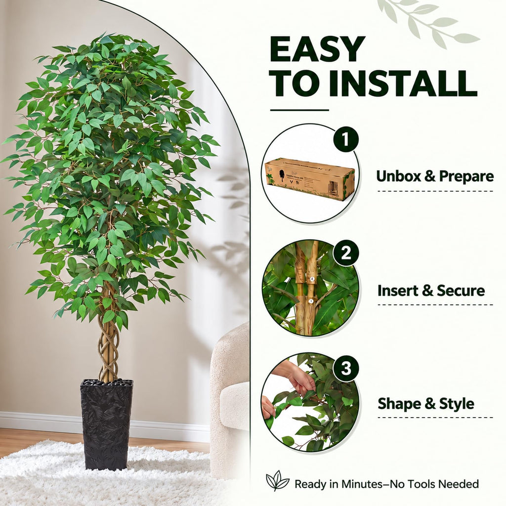Artificial Ficus Tree 7FT, Large Fake Tree Decor (Black Planter)