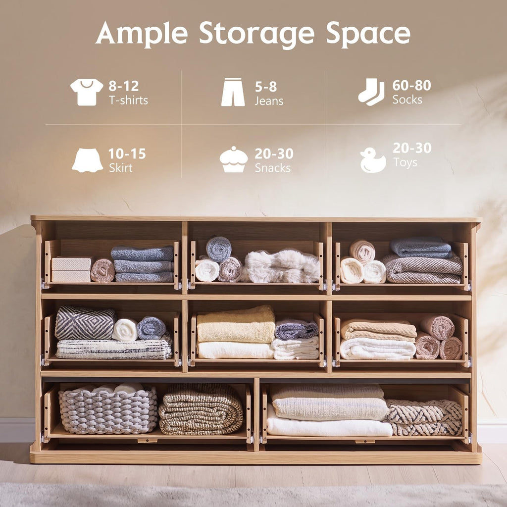 Modern 8 Drawers Dresser , 55" Wide Wood Dressers & Chests of Drawers w/Curved Waterfall Edge, Large Storage Dressers