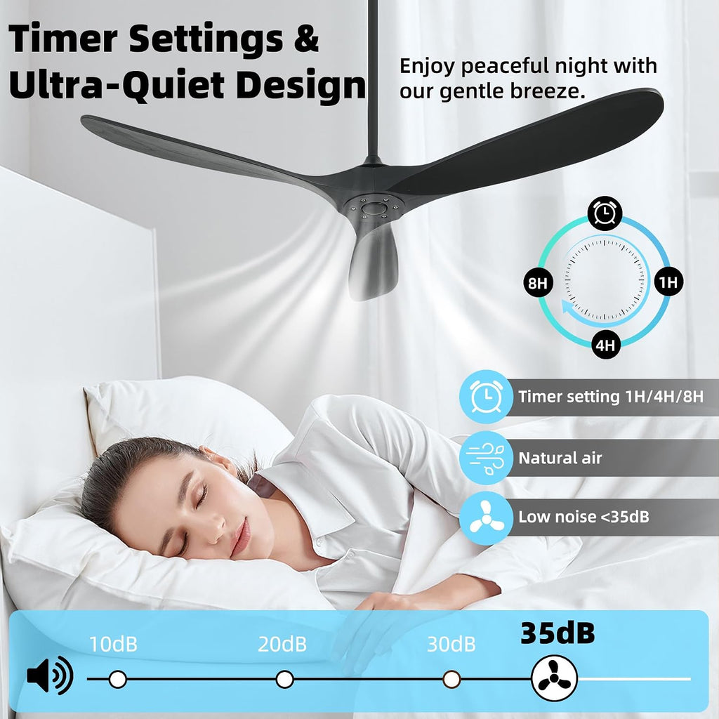 Outdoor Ceiling Fan Without Light, 60 Inch Smart Ceiling Fan with Remote & Voice Control for Compatible with Alexa/Google, 3-Blade Wood Fan, Quiet DC Motor, 6 Speeds for Patio, Porch, Farmhouse