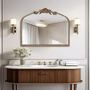 Baroque Arch Wall Mirror, 36" x 30" Antique Gold Traditional Cathedral Ornate Beaded Arched Frame Decorative Vanity