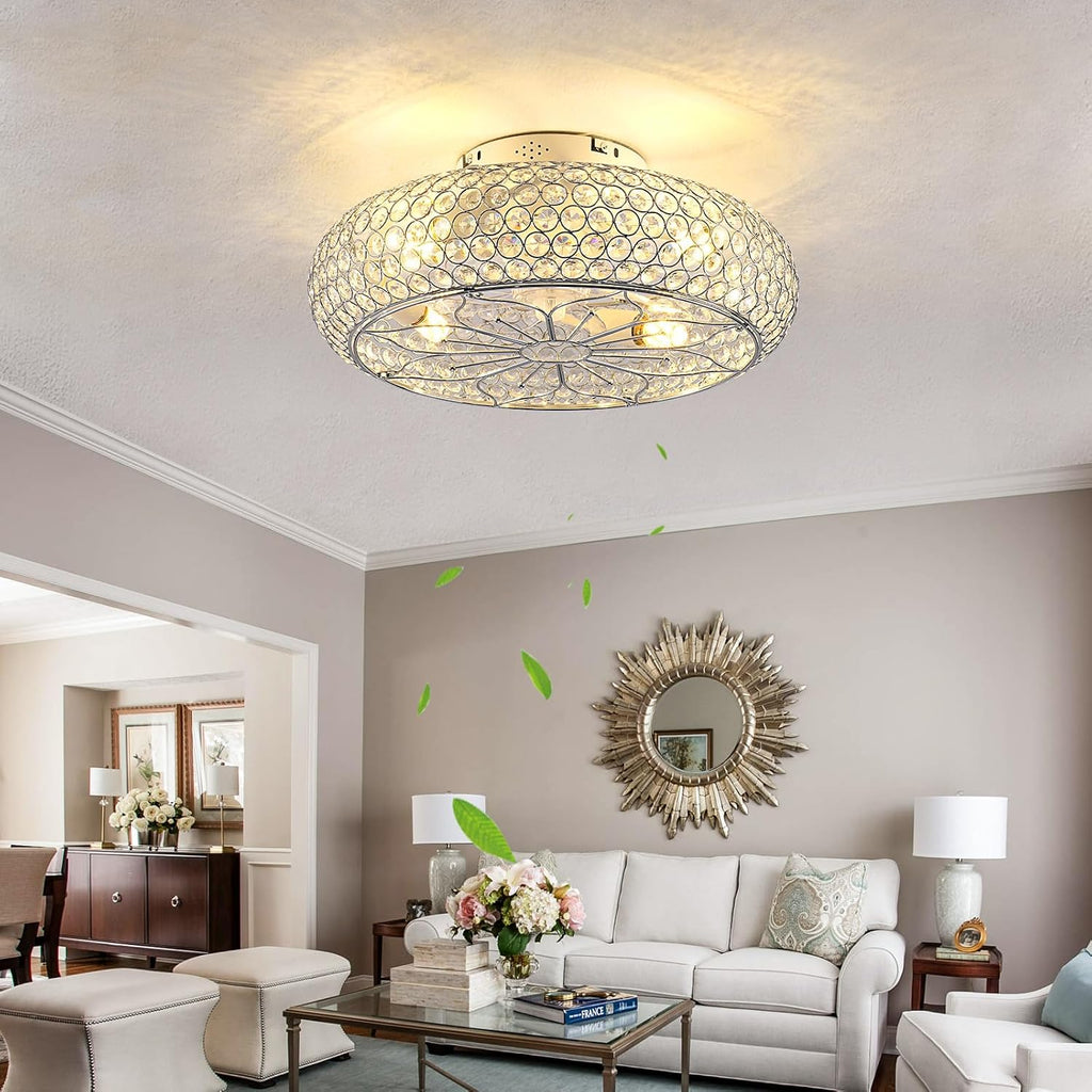 Caged Crystal Ceiling Fans with Lights and Remote,20" Flush Mount Low Profile Ceiling Fan with Light