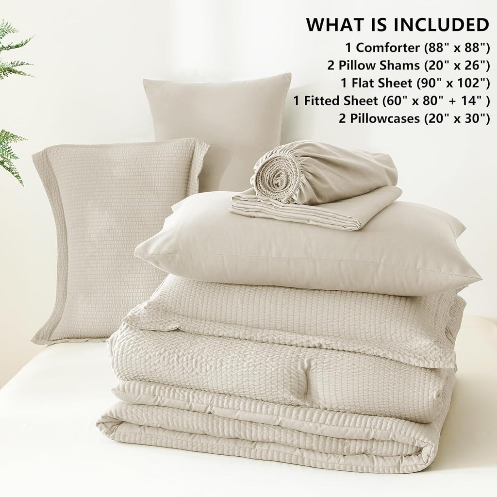 Queen Comforter Set Beige - 7 Pieces Striped Seersucker Bed in a Bag