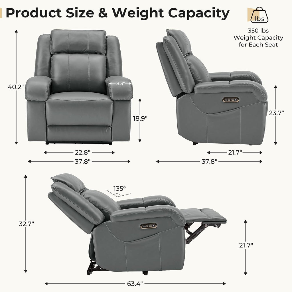 Pet Friendly Leather Power Recliner Chair, Zero Wall Hugger RV Recliners with Power Headrest, Charging Ports, Side