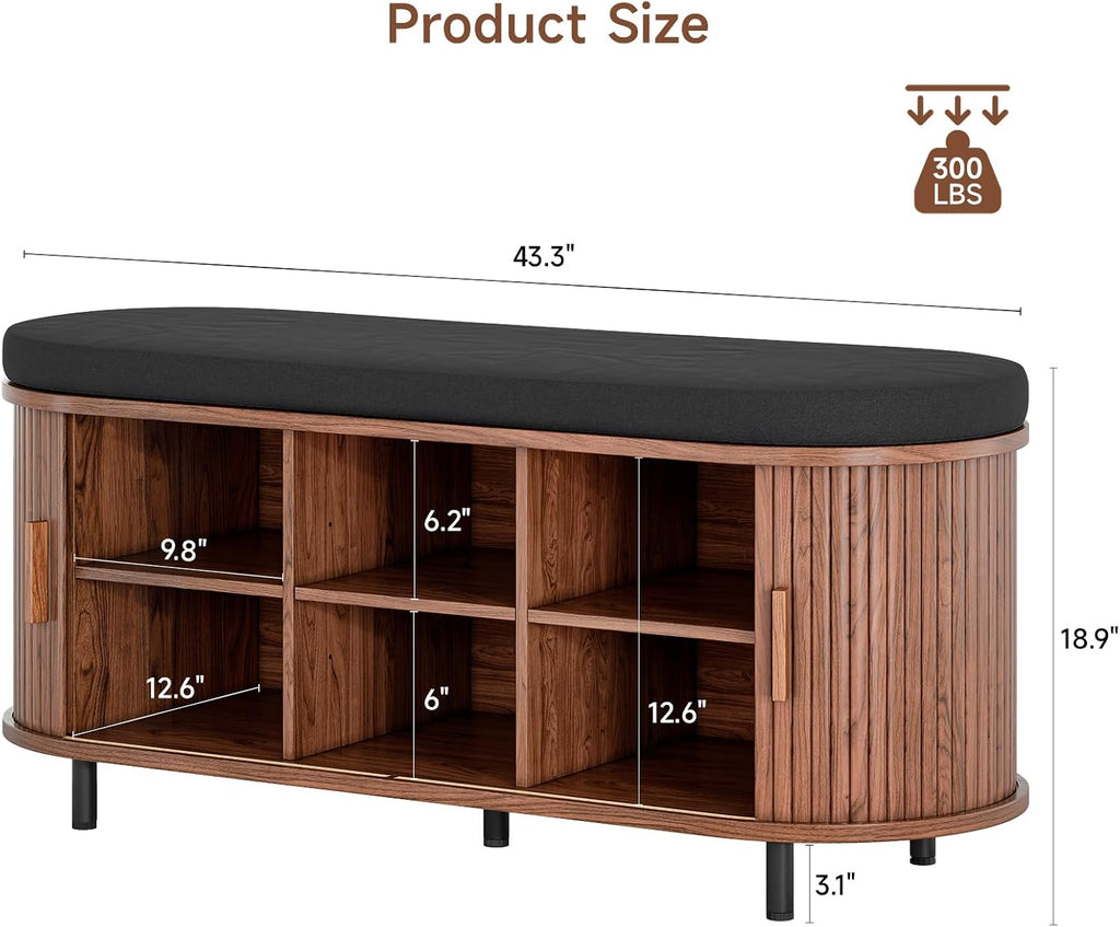 43" Shoe Bench with Storage, Fluted Shoe Storage Bench with Cushion, Sliding Door and Adjustable Shelf, , Walnut