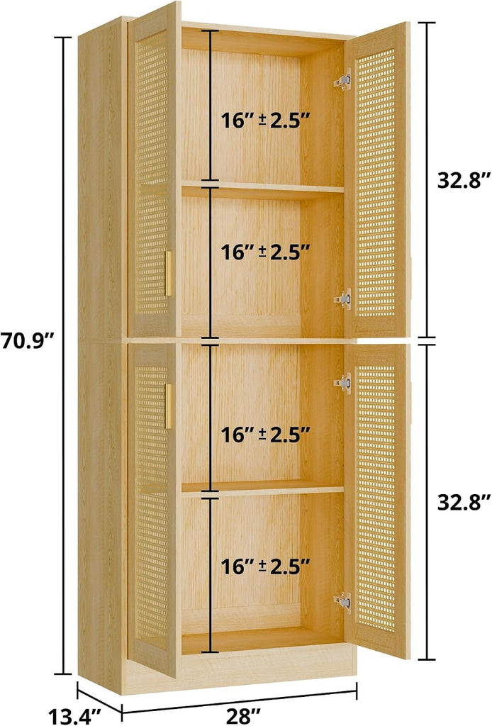 Kitchen Pantry Cabinet, 71" Tall Rattan Doors Storage Cabinet and Adjustable Shelves, Modern Farmhouse Wood Cupboard