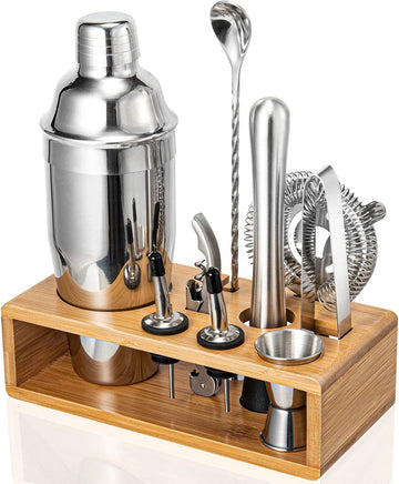 Cocktail Shaker Set, 18/8 Food-Grade Stainless Steel Mixology Bartender Kit 10-Piece Bar Tools with Stylish Bamboo