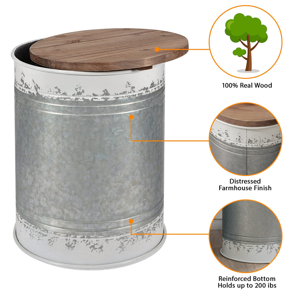 2 Pack Farmhouse Accent Side Table, Rustic Storage Ottoman Seat Stool with Round Wood Lid, Galvanized Metal Storage