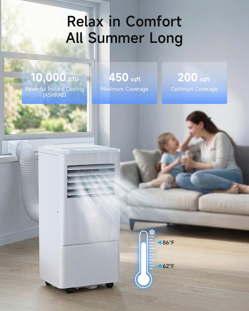 Portable Air Conditioners, 10000 BTU Air Conditioner Portable for Room Up to 450 Sq.Ft, Remote Control, 24H Timer