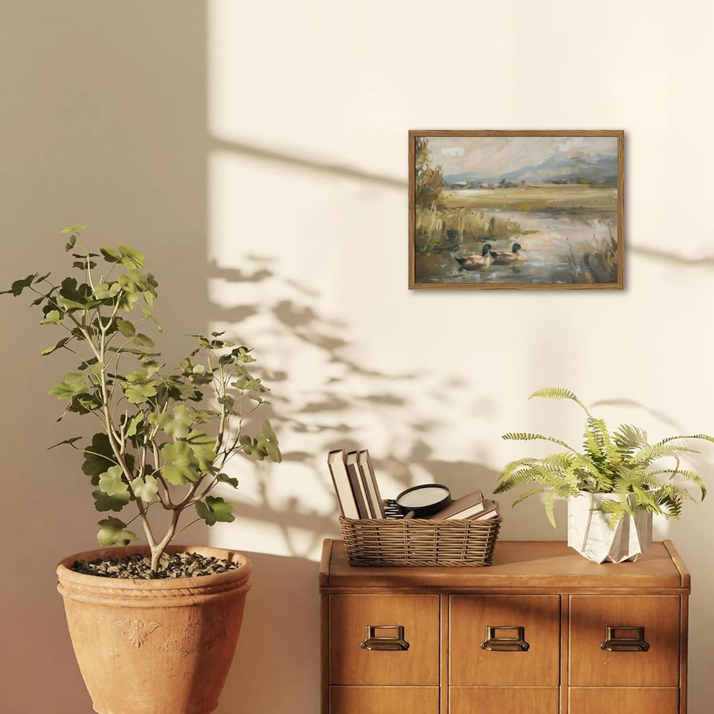 Framed Vintage Mallard Duck Wall Art Countryside Wildlife Pond Nature Canvas Prints Rustic Landscape Pictures Wall