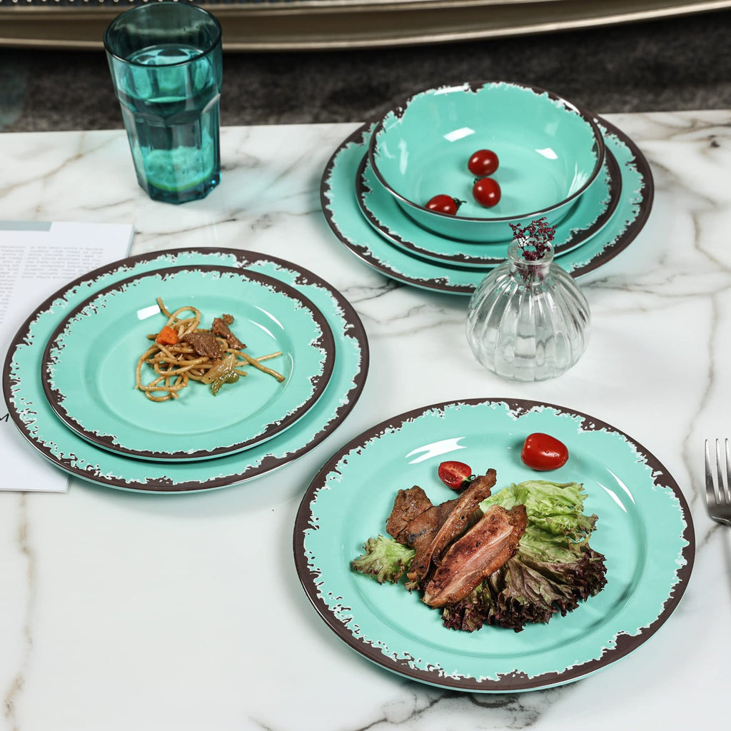 Rustic Melamine Dinnerware Set,12pcs Plates and Bowls Sets-Green