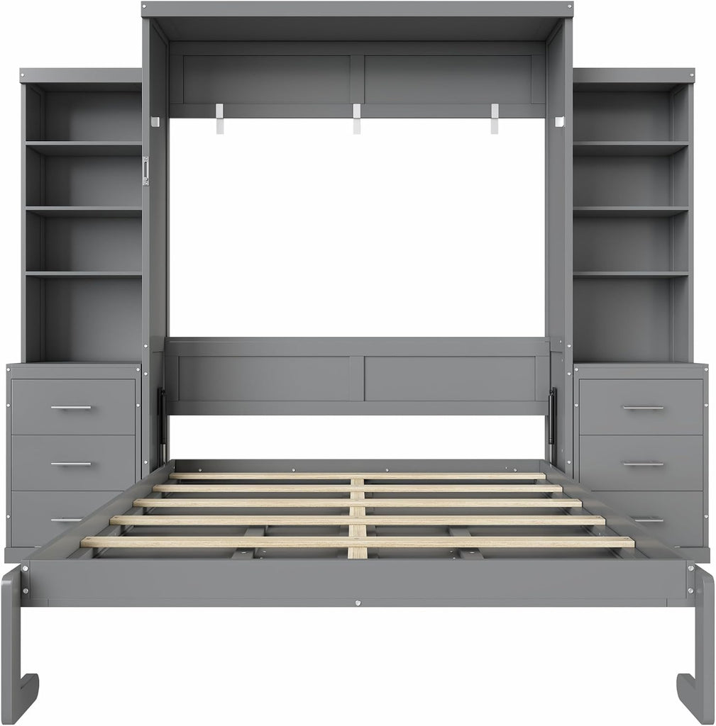 Murphy Bed Queen,Murphy Bed with Storage Shelves and Drawers,Wall Bedframe w/Wood Slatk,can be Folded,No Box Spring