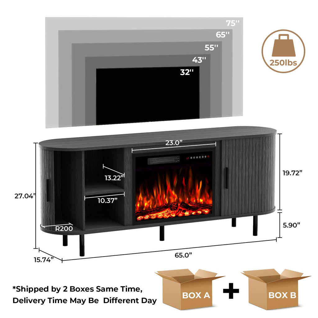65'' Mid Century Modern Fluted TV Stand with 23" Fireplace, Curved Fireplace Entertainment Center for TVs Up to 75