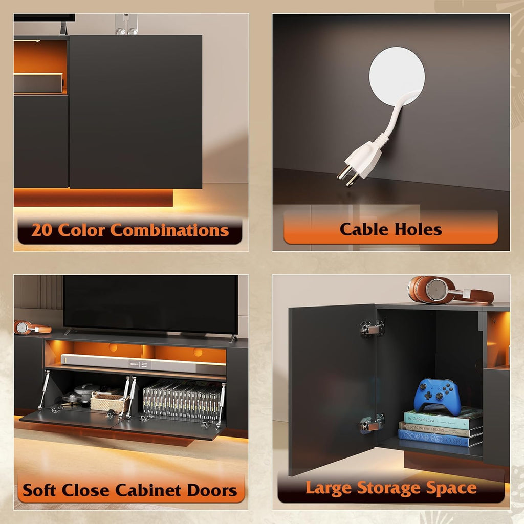 LED TV Stand with Large Storage Cabinet, Modern Entertainment Center for 55/60/65/70/75 Inch TVs, Sturdy TV Console
