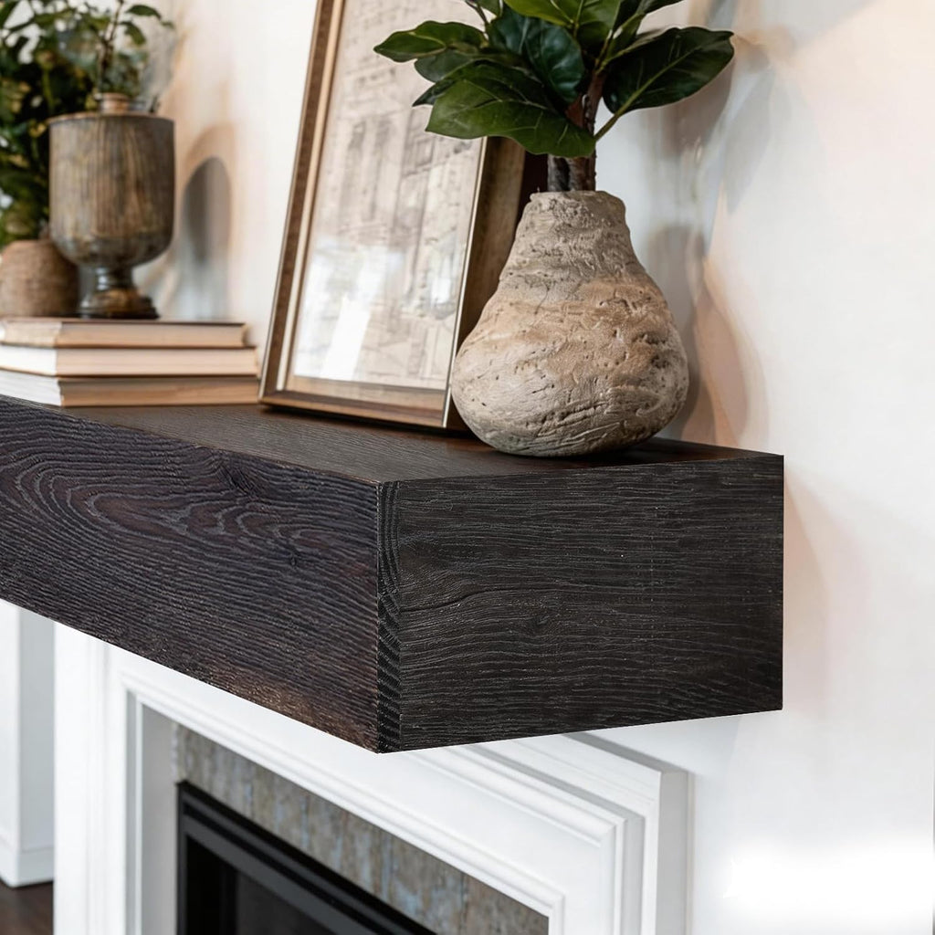 White Oak, 60 Solid Wood Floating Shelf Over the Fireplace, Wall-Mounted Rustic Mantel, Blackish Gray