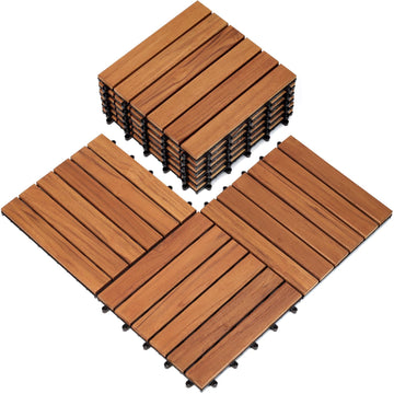 TEAK Deck Tiles (Pack of 9) - Hardwood Interlocking Patio Deck Tiles, All Weather Waterproof