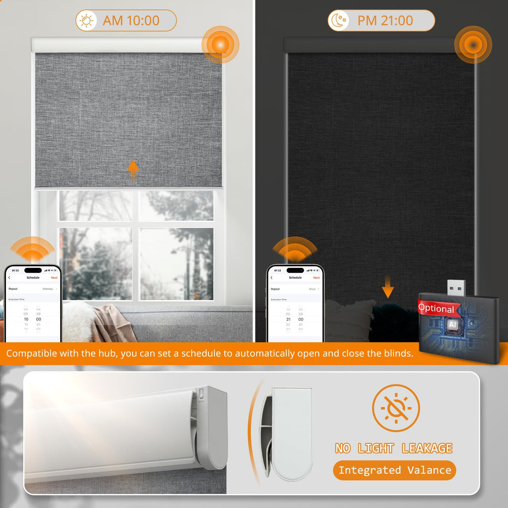 Motorized Black Blinds, Automatic Roller Shades Grey "
