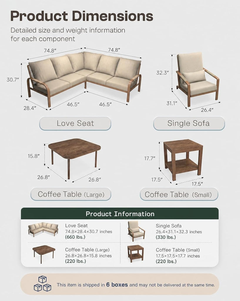 5-Piece Aluminum Patio Furniture Set with L-Shaped Outdoor Sectional Sofa, Coffee Table & Side Table, Modern Outdoor