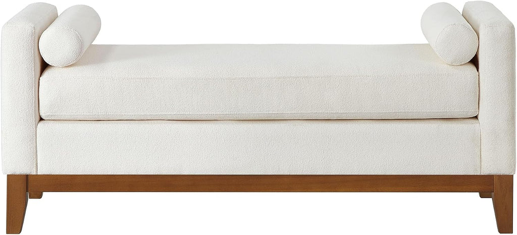 Large 51" L Boucle Bench Ottoman with 2 Bolster Pillows & Solid Wood Frame, Upholstered End of Bed Daybed Seating