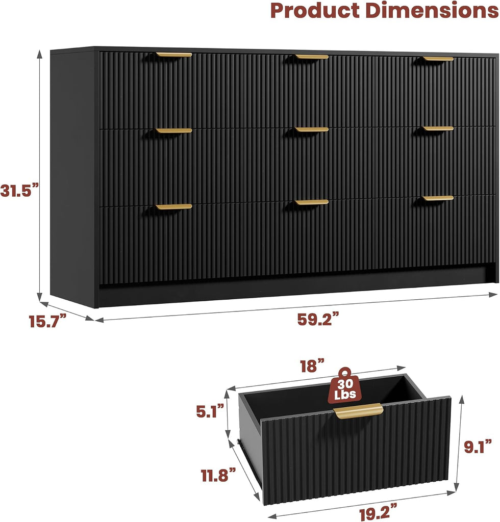 9 Drawers Dresser - Modern Fluted Chest of Drawers, Black | 59" Wide Drawers with Golden Metal Handles, Large TV