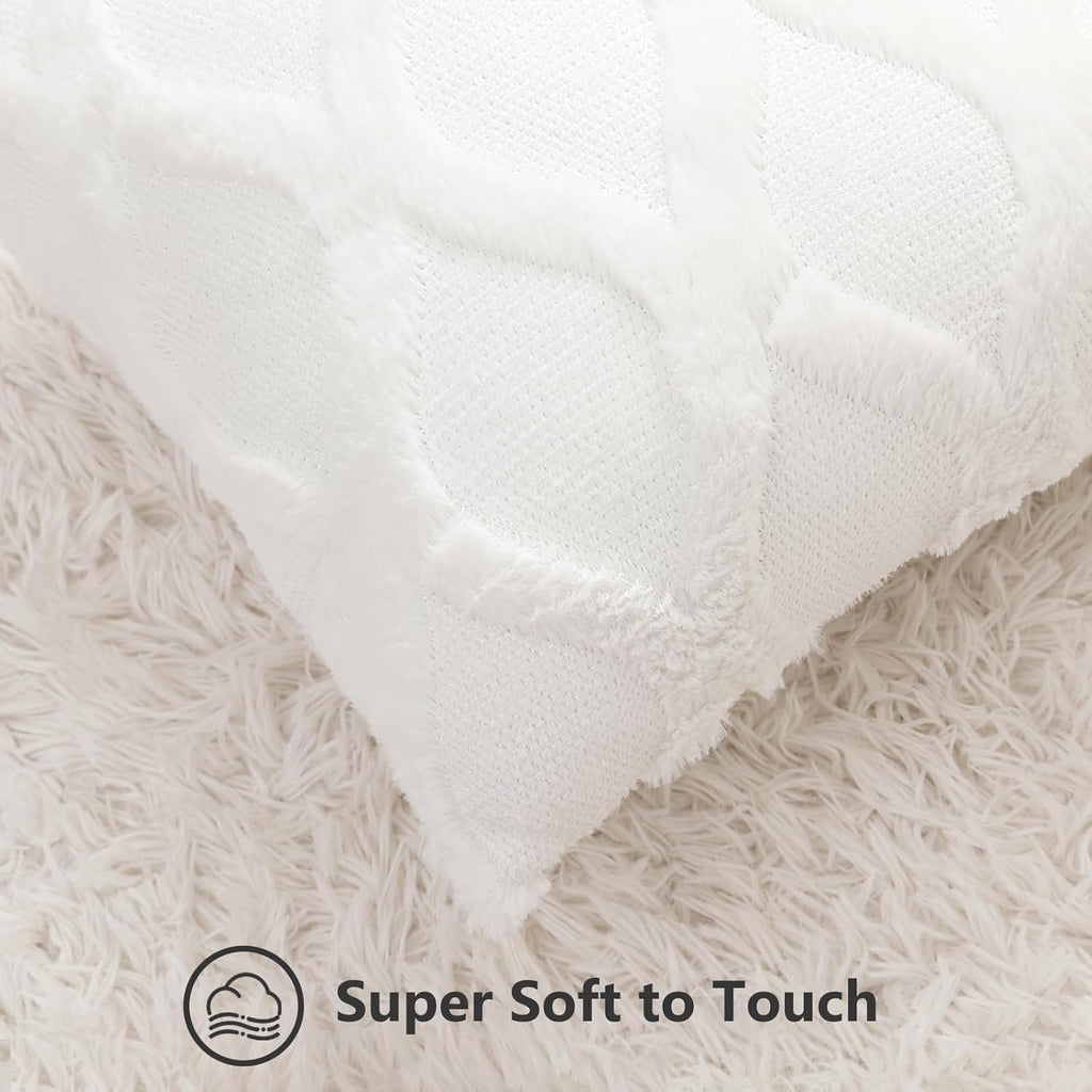 Summer Throw Pillow Covers 18x18 Inch Set of 2, Soft Plush Faux Fur Wool Cream White Accent Couch Pillow Covers for
