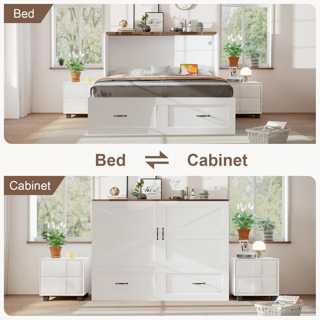 Full Murphy Bed with Storage & Charging Station, Murphy Cabinet Bed with Drawer for Guest Bedroom, Living Room