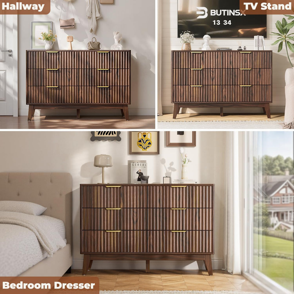 6-Drawer Dresser Fluted Drawers, Mid-Century, Walnut | 47.2"W x 15.4"D x 32.3"H, 130 lbs top / 40 lbs per drawer