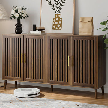 Buffet Cabinet with Storage, 63" Walnut Sideboard with Grille Doors&Adjustable Shelf