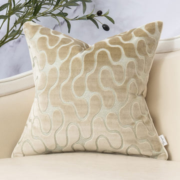 Beige Square Throw Pillow Cover Wavy Velvet Cushion Cover Modern Zippered Pillowcase for Sofa Couch Bedroom Living