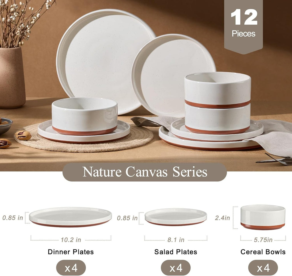 Plates and Bowls Sets, 12 Pieces Stoneware Dinnerware Set for 4, Modern Kitchen Dinner Set Ceramic Dishware Dishes Set