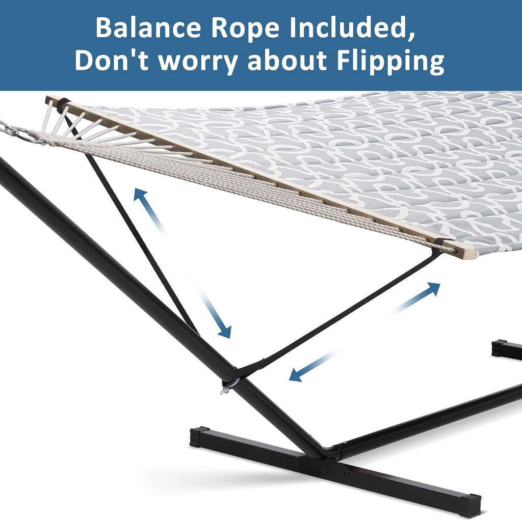 Extra Large Double Hammock with Stand, 475lbs Capacity, Grey | Outdoor Portable Hammock with Hardwood Spreader Bar