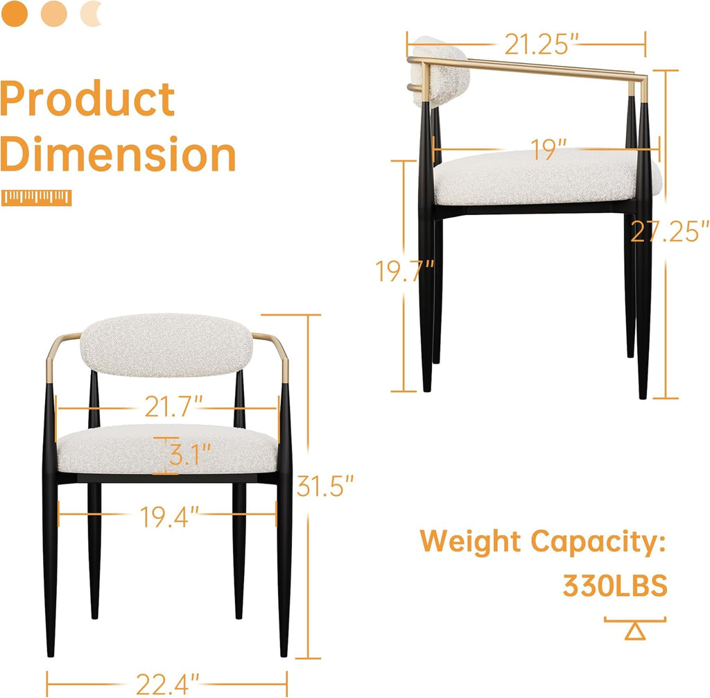 Morden Fort Modern Dining Chairs Set of 2, Upholstered Boucle Dining Chairs with Gold Arms and Black Metal Legs