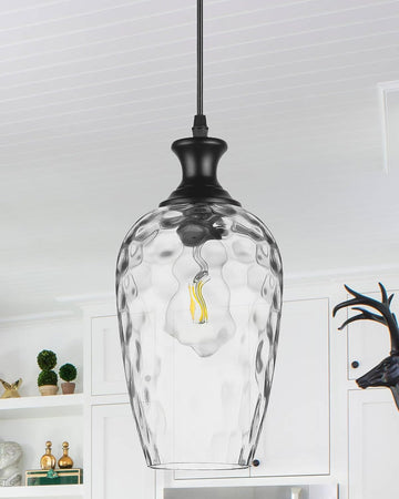 Glass Pendant Lights Kitchen Island, 1-Light Black Pendant Light Fixtures with Hand-Blown Clear Glass, Farmhouse