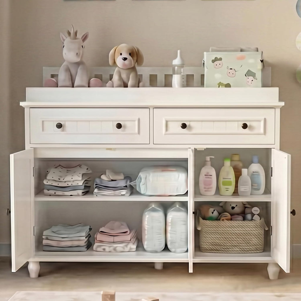 Large Nursery Dresser with Drawers, 47'' White Baby Diaper Changing Table | Wood Changing Station for Infants
