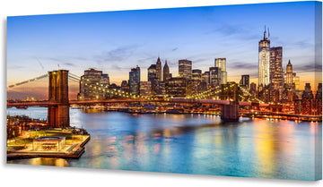 New York City Skyline Canvas Wall Art-Brooklyn Bridge at Sunset Panoramic Picture, Modern Manhattan Cityscape