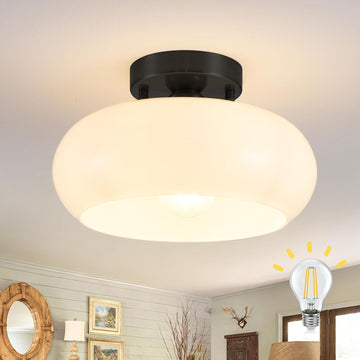 Black Semi Flush Mount Ceiling Light, Mid Century Modern Ceiling Light with Frosted Glass Shade, 11 Inch Close to