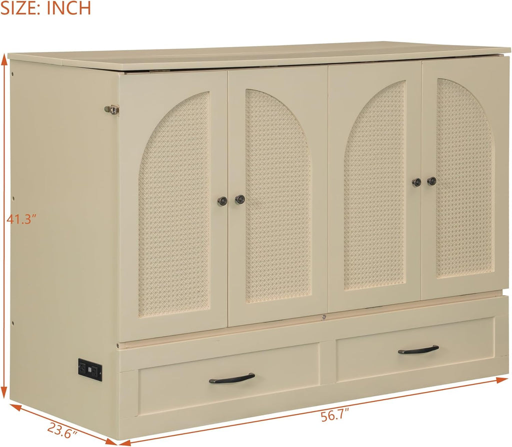 Full Murphy Bed, Wood Full Murphy Bed with Large Drawers, Gold