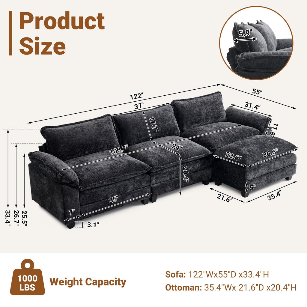 122" Cloud Black Convertible Sectional Sofa, Comfy L-Shape Extra Deep Seat Sofa Couch, Modern Chenille 3-Seat