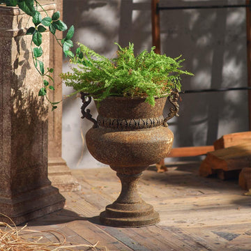Metal Urn Planter with Handles, Rustic Brown | Ornate Scroll Handles, Pedestal Base Design, Indoor & Outdoor Use