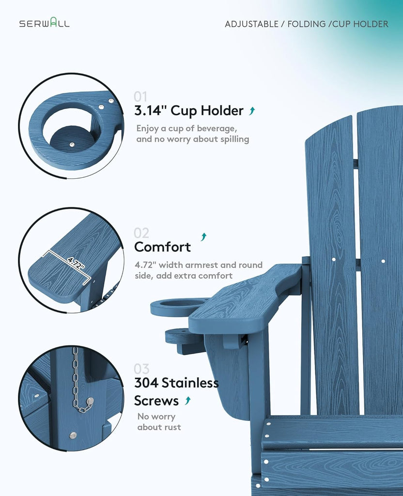 Folding Adjustable Adirondack Chairs Set of 2, Cup Holders, Blue | Adirondack Chair with 3 Recline Positions, All