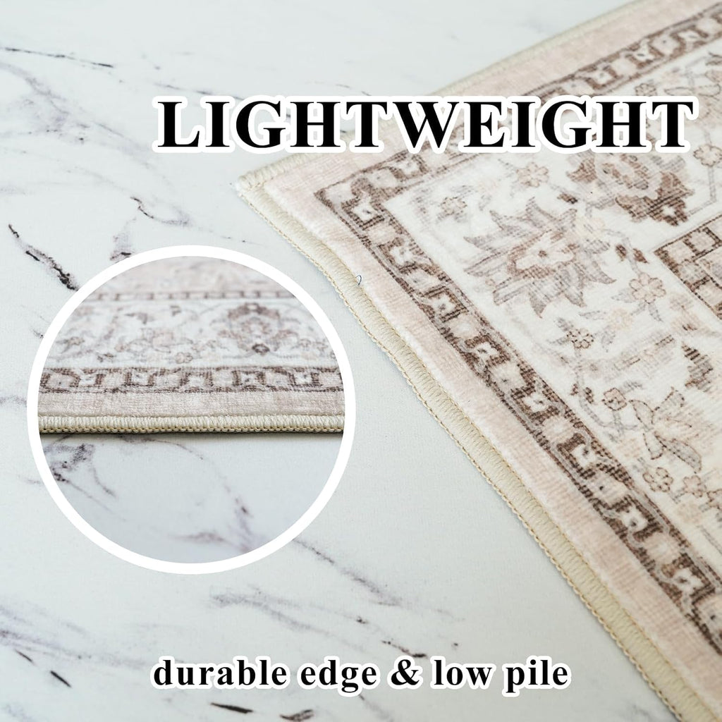 Washable 8ft Round Area Rug - Living Room Oriental Non Slip Soft Rugs Indoor Low Pile Stain Resistant Carpet Dining