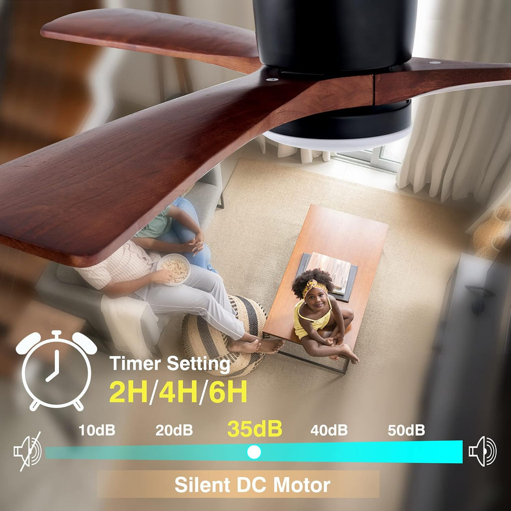 Modern 52 Inch Low Profile Flush Mount Ceiling Hugger Fan with LED Lights and Remote Control - 3 Wood Blades, Reversible DC Motor, 6 Speeds, Timer - Walnut and Matte Black