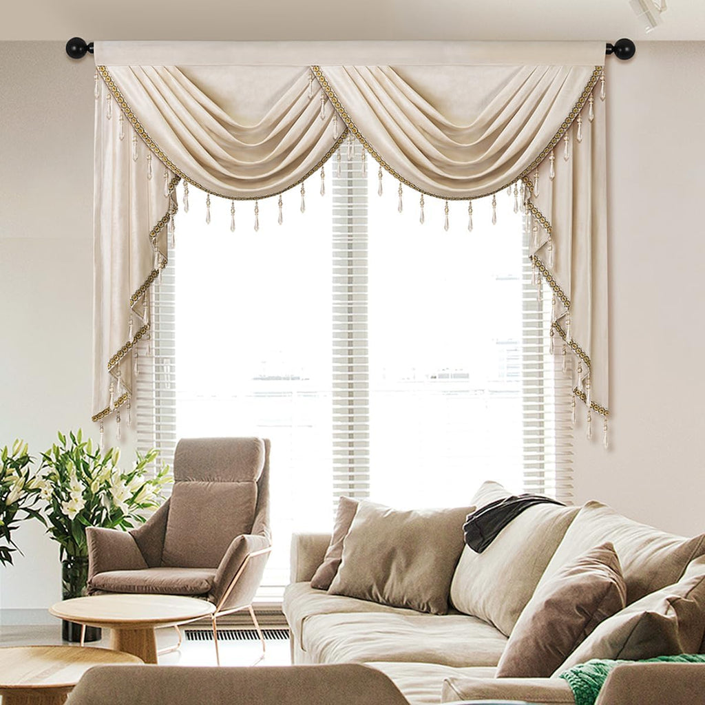 Luxury Cream Velvet Curtain Valances for Living Room with Beads (1 Panel)