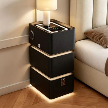 Smart Narrow Nightstand with 3 Drawers 11.8" W x 15.7" D x 25.2" H, Charging Nightstand, Modern Leather Bedside