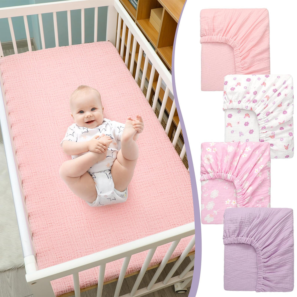 4 Pack Muslin Baby Crib Sheets Soft Breathable, Purple Butterfly