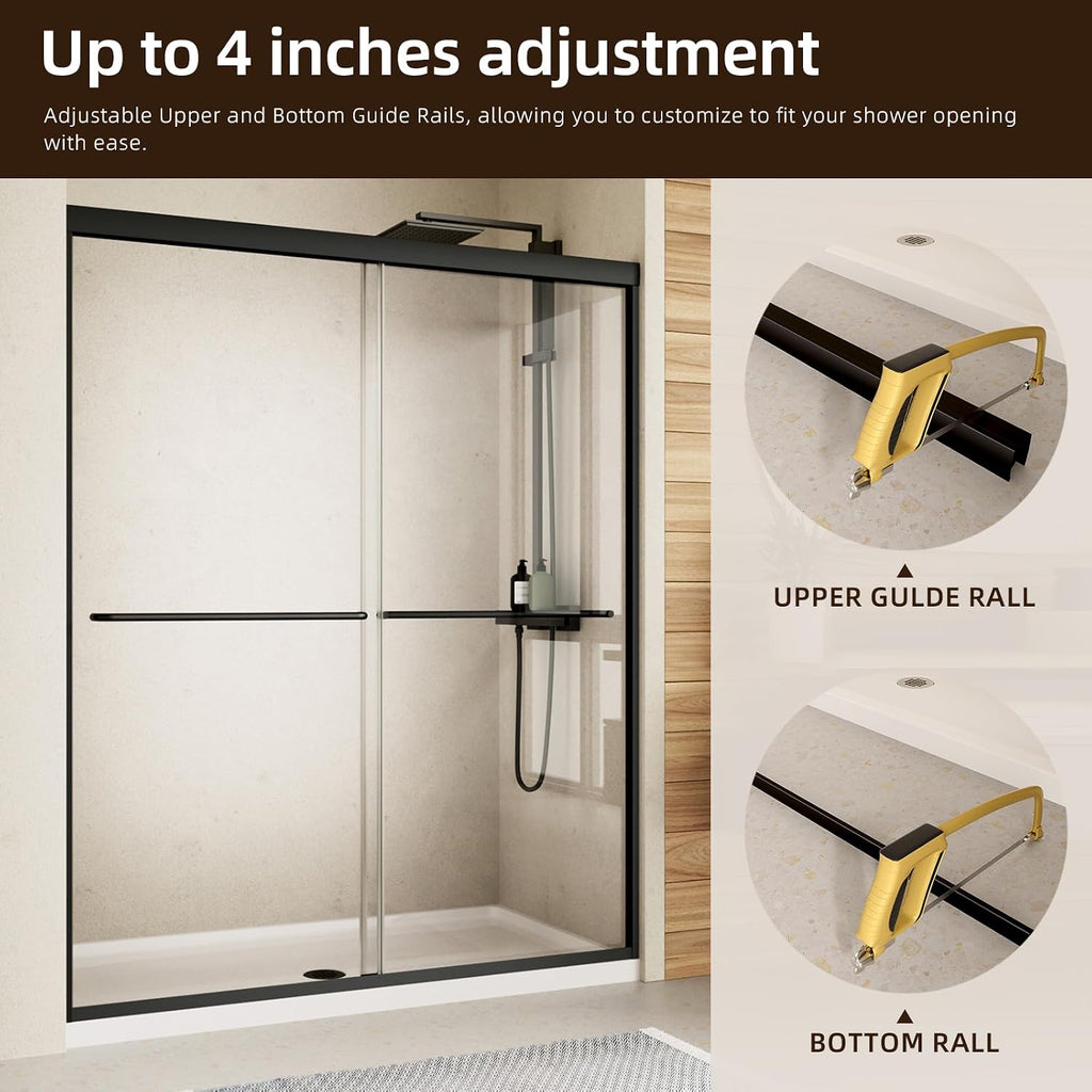 Double Sliding Shower Door, 56-60" W x 70" H Semi-Frameless Sliding Glass Shower Door with 1/4'' (6mm) Clear SGCC