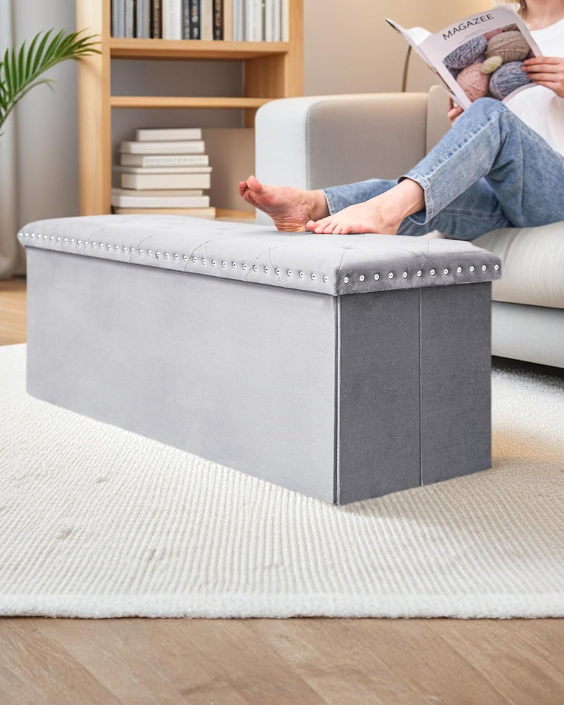 Velvet Storage Ottoman Bench, 43.3" Upholstered Tufted Ottoman with Storage, Folding Footrest Bench , or Entryway
